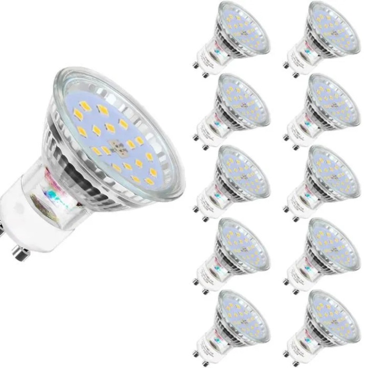 Bec LED GU10 VITERRA.4-25CJ-K0232-260804-2521CD, 5W (60W-nak megfelelő), 560 lm, 6000K hideg fehér, nem szabályozható, 21 x SMD2835, 10 db-os készlet.