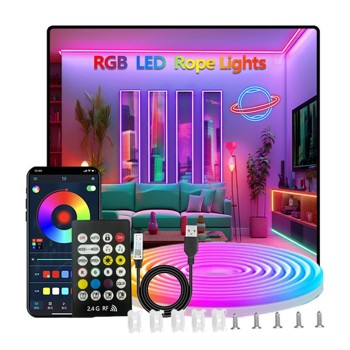 LED неонова гъвкава лента RGB, 4м, VIELLAN, USB захранване 5V, Bluetooth управление чрез приложение и 2.4G RF дистанционно, музикални режими, 60 светодиода/м 3535 LED, IP67