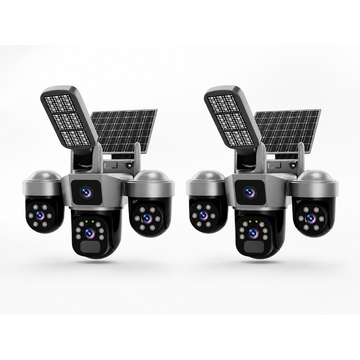 Set 2x Camere de supraveghere 4G autonoma 12MP cu panou solar, 3 lentile, PTZ 360°, zoom digital 10X, Night Vision color, audio bidirectional, alarma, IP67, aplicatie V380 Pro