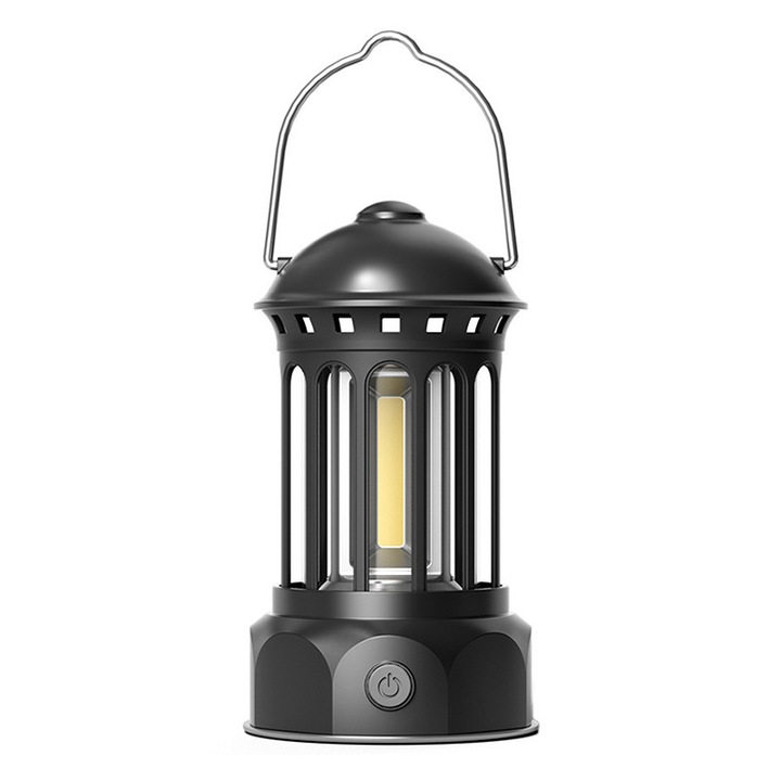 Lampa Camping Vintage LED Portabila, VIELLAN, USB, С висяща дръжка, 3 нива на яркост, Амбиентно осветление за палатка, градина, аварийни ситуации, SR-Черно