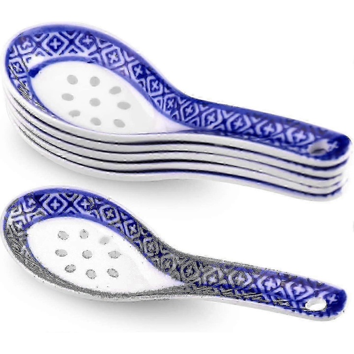 Linguri pentru supa din ceramica, design traditional albastru si alb, set 6 buc., pentru ramen/pho