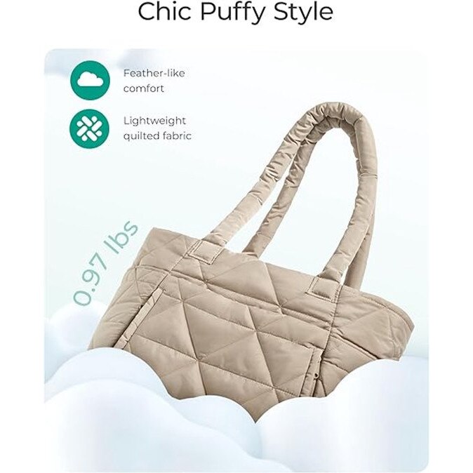 Geanta tote pentru femei din material textil matlasat (puffer), cu compartimente multiple si buzunare laterale, inchidere magnetica, pentru laptop 15.6", bej, 40 x 33 x 15 cm