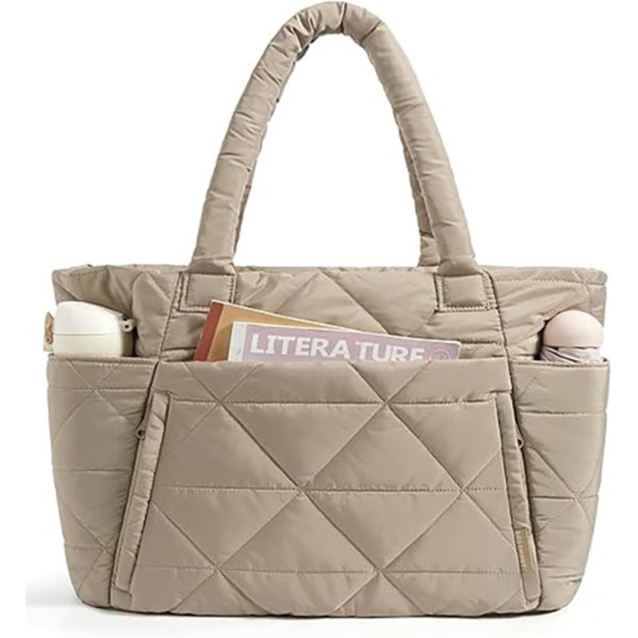 Geanta tote pentru femei din material textil matlasat (puffer), cu compartimente multiple si buzunare laterale, inchidere magnetica, pentru laptop 15.6", bej, 40 x 33 x 15 cm