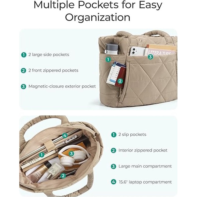 Geanta tote pentru femei din material textil matlasat (puffer), cu compartimente multiple si buzunare laterale, inchidere magnetica, pentru laptop 15.6", bej, 40 x 33 x 15 cm