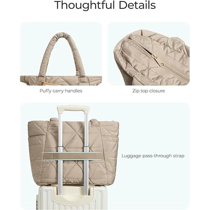 Geanta tote pentru femei din material textil matlasat (puffer), cu compartimente multiple si buzunare laterale, inchidere magnetica, pentru laptop 15.6", bej, 40 x 33 x 15 cm