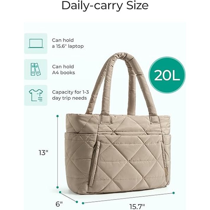 Geanta tote pentru femei din material textil matlasat (puffer), cu compartimente multiple si buzunare laterale, inchidere magnetica, pentru laptop 15.6", bej, 40 x 33 x 15 cm
