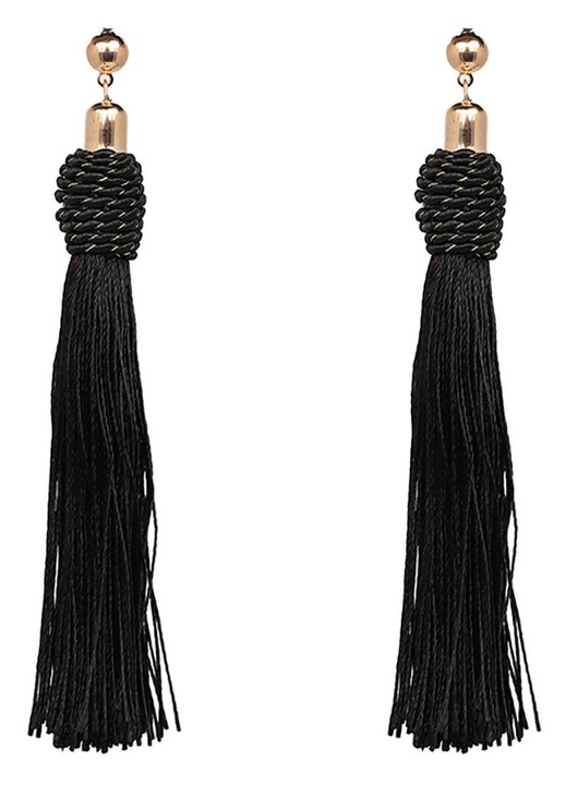 Cercei cu franjuri din textil si detalii metalice aurii, negru, 11 x 1.5 cm
