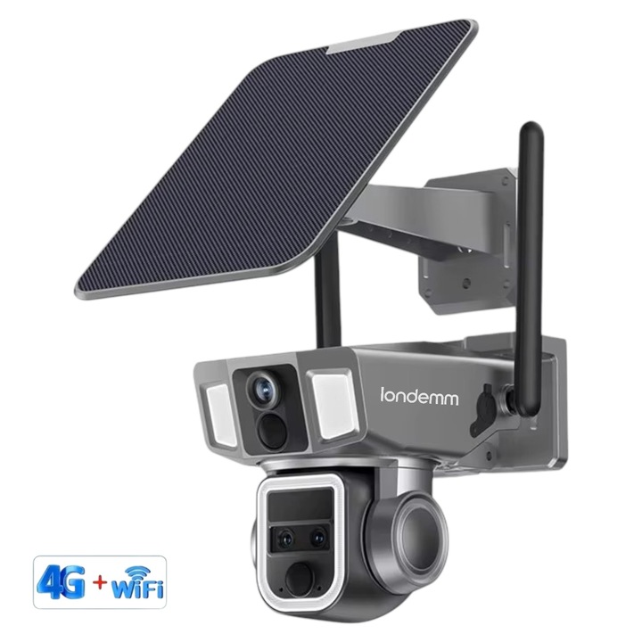 Професионална камера за наблюдение със соларен панел 2K LONDEMM®, WiFi + 4G SIM карта, система с 3 обектива, батерия 12000 mAh, 10X цифрово увеличение, PTZ 355°, AI детекция, двупосочна комуникация, цветно нощно виждане, черна