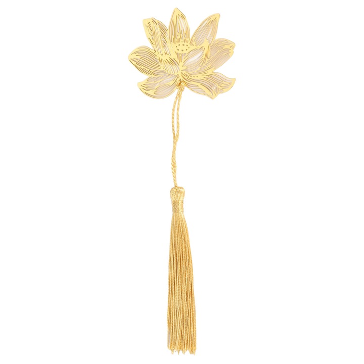 Semn de carte metalic 0804BM-BSTY00999656, alama gravata cu floare de lotus decupata, cu ciucure, auriu