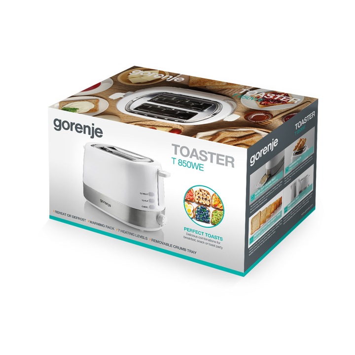 Тостер Gorenje T850WE, 850W, 7 нива на печене, Бял