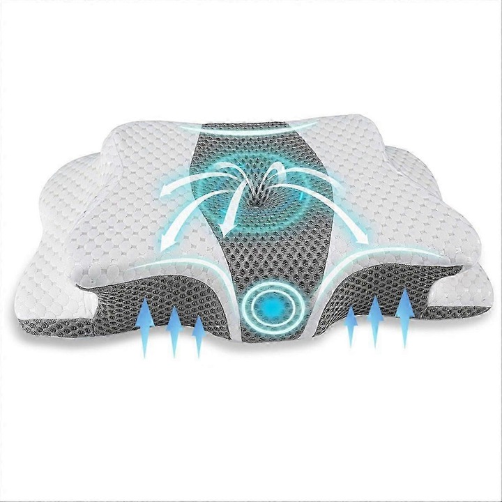 Perna cervicala ortopedica din memory foam FG123K0225-260803-12840, contur ergonomica reglabila cu insertii, husa racoroasa din ice silk, fara miros, alb/gri