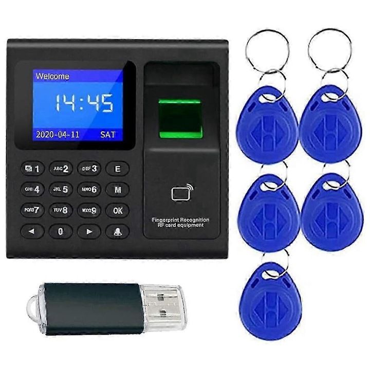 Aparat de pontaj cu amprenta FG123K0225-260803-12819, recunoastere amprenta, parola/PIN si cititor RFID, functioneaza fara retea (export prin USB), negru, include 5 carduri RFID si stick USB