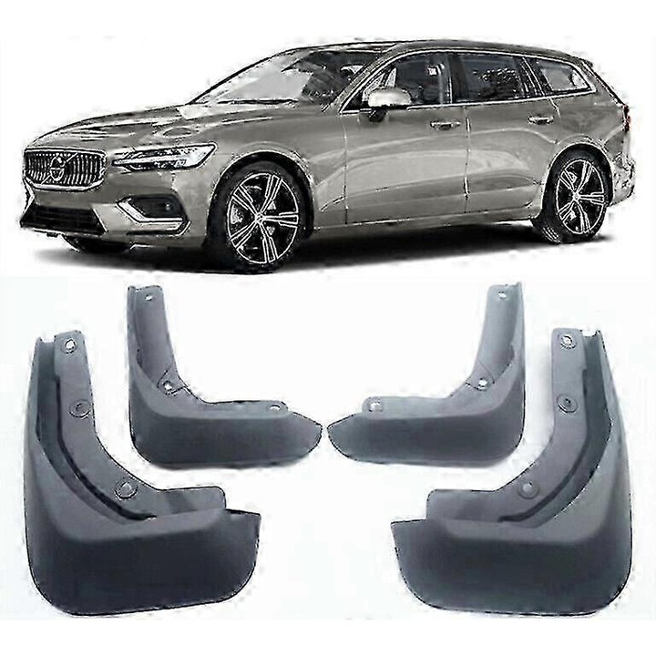 Set 4 aparatoare noroi pentru Volvo V60 II (2019-2024), din plastic, negru, fata+spate, include cleme si suruburi, piese OE 31650287/31650288