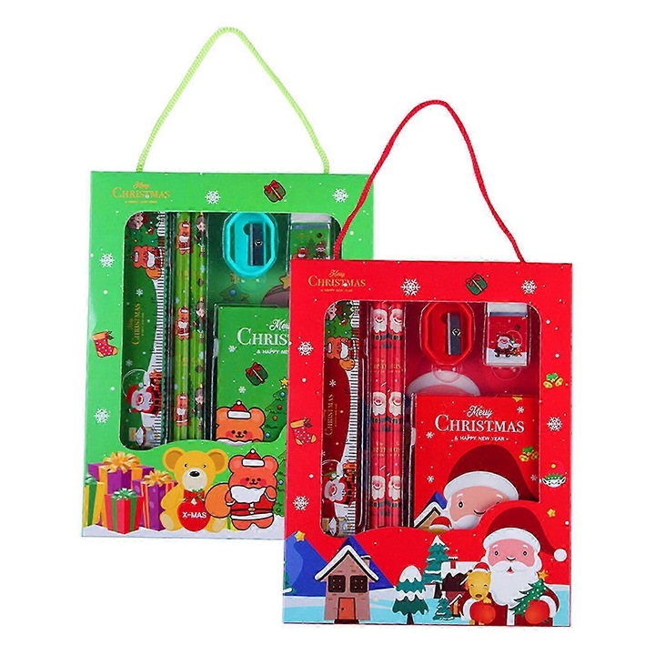Set de rechizite de Craciun, 2 kituri (6 piese/kit), din plastic, rosu/verde, 18 x 14 x 1.6 cm, FG123K0225-260803-14970
