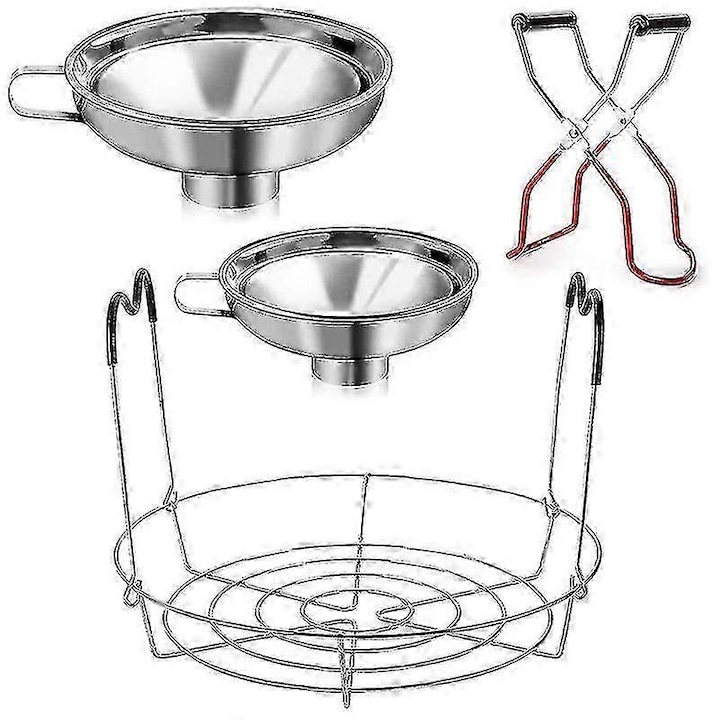 Set pentru conservare, 4 piese, suport pentru borcane din inox (diametru 29 cm) cu manere pliabile din silicon, cleste pentru borcane, palnii 13/17 cm, argintiu