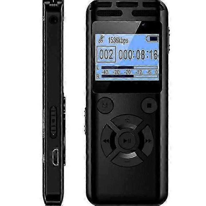 Recorder vocal digital, Model V52 FG123K0225-260803-15369, 32GB, USB, inregistrare WAV/MP3/FLAC 48 kHz, jack 3.5mm, baterie 560 mAh ~21 h, negru, 95x38x10 mm