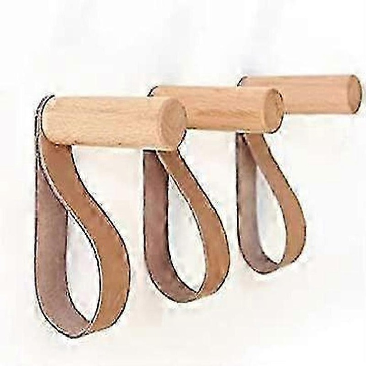 Agatatoare de perete din fag cu curea din piele vegetala, set 3 buc., natural, 10 x 3 cm, FG123K0225-260803-15481