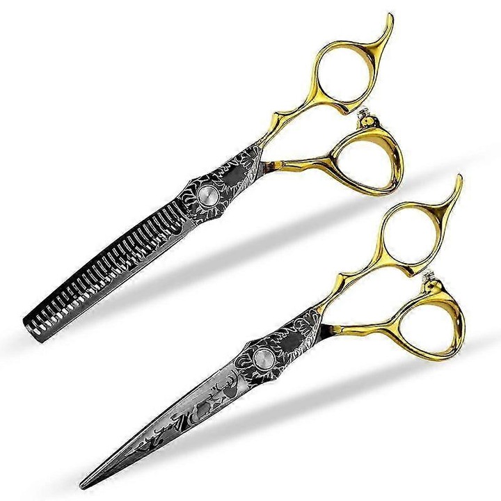 2 db FG123K0225-260803-15991 hajvágó olló készlet, edzett rozsdamentes acél, ergonomikus nyél, 6 hüvelyk, 1 egyenes + 1 ritkító, arany/ezüst
