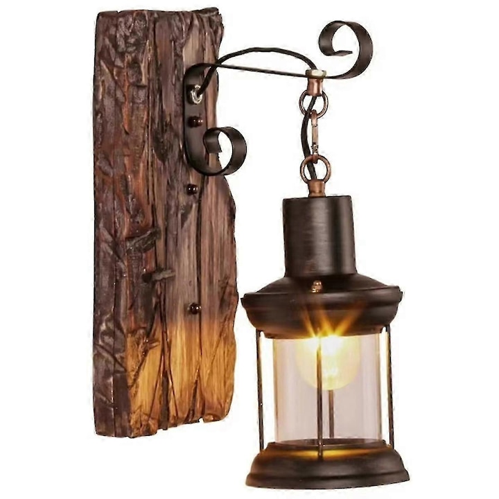 Lampa de perete rustica FG123K0225-260803-16160, baza din lemn masiv, abajur metalic si sticla, maro inchis, pentru interior, fara bec
