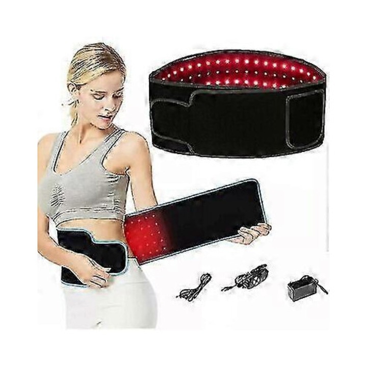 Centura terapie cu lumina rosie FG123K0225-260803-16269, 105 LED infrarosii 660/850 nm, 16W, incalzire reglabila, suport powerbank, negru/albastru, universal 29–49 inchi
