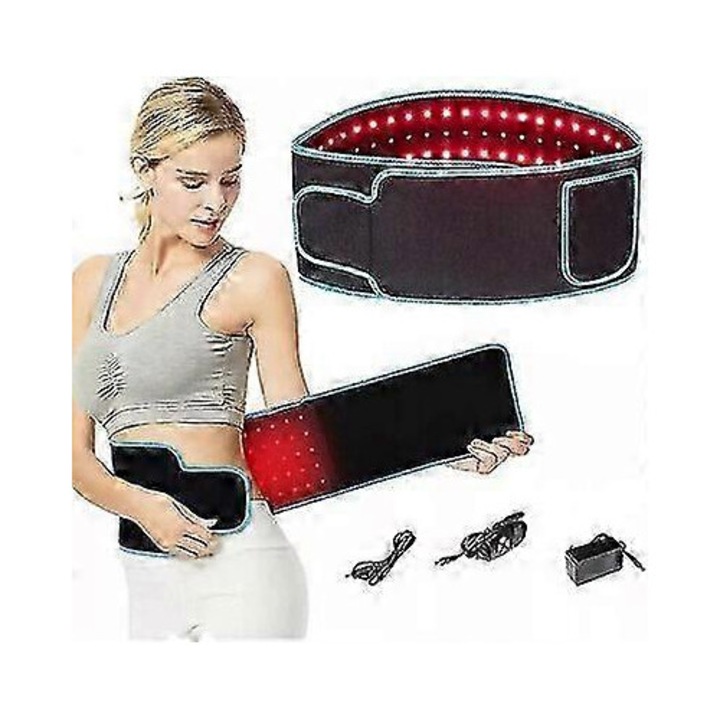 Centura terapie cu lumina rosie si near-infrared FG123K0225-260803-16266, 105 LED, 660nm/850nm, 16W, alimentare 100-240V, suport power bank, reglaj temperatura (40–75°C), negru/albastru