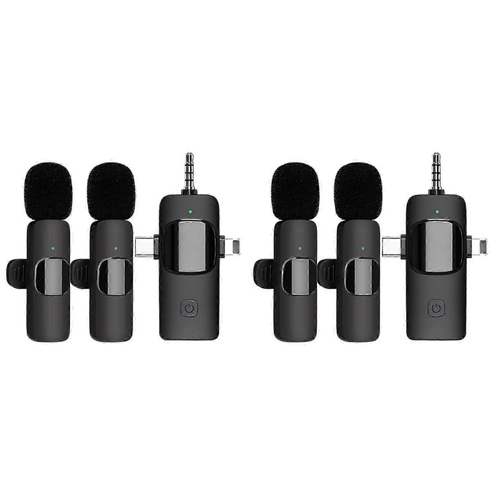 Microfon lavalier wireless set 4 buc, receptor 3-in-1 FG123K0225-260803-16864, reducere zgomot, compatibil smartphone/camera/laptop, negru, autonomie 5-6 h