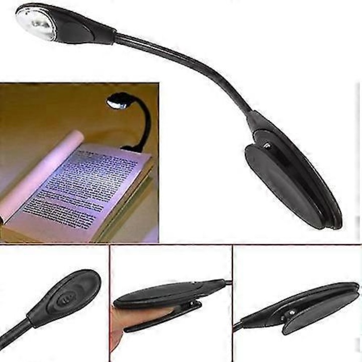 Lumina de lectura LED cu clema FG123K0225-260803-17404, mini, gat flexibil, lumina alba, alimentare 2 x CR1220 incluse, negru, lungime 26 cm