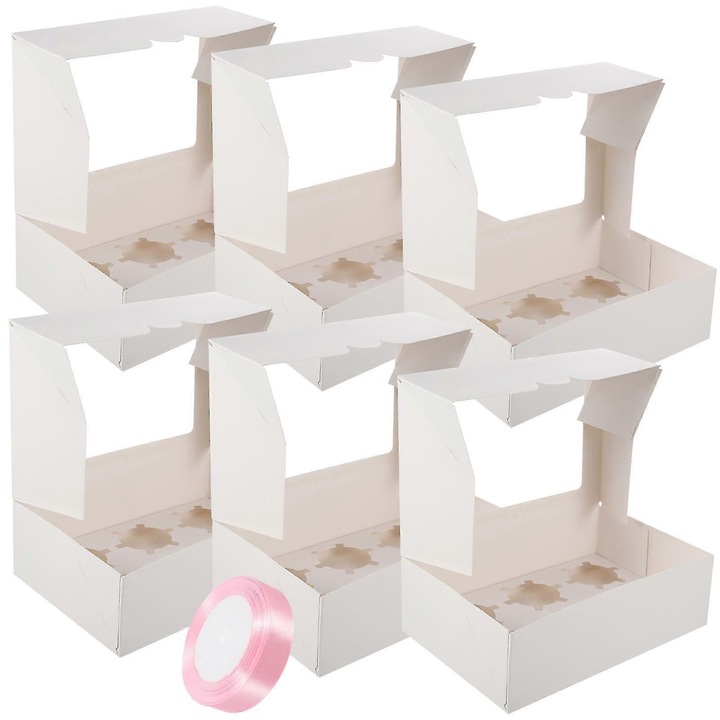 Set 6 cutii pentru tarte cu fereastra transparenta si inserturi pentru prajituri, alb, 24 x 15.5 x 7.5 cm; include panglica roz 220 x 2 cm, FG123K0225-260803-17415