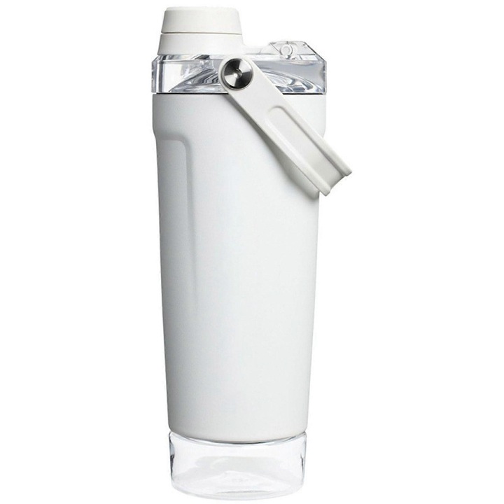 Shaker din otel inoxidabil 304 izolat vacuum, cu compartiment de depozitare si capac etans, alb, 20 oz (≈590 ml)