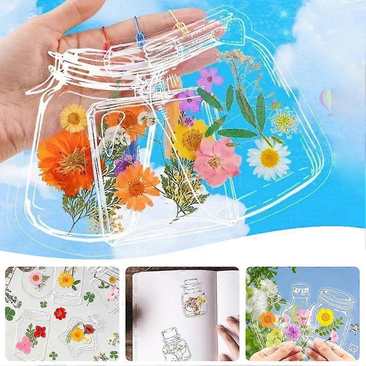 Semne de carte transparente cu flori presate, forma borcan, 8 x 10 cm, transparent, set 20 buc
