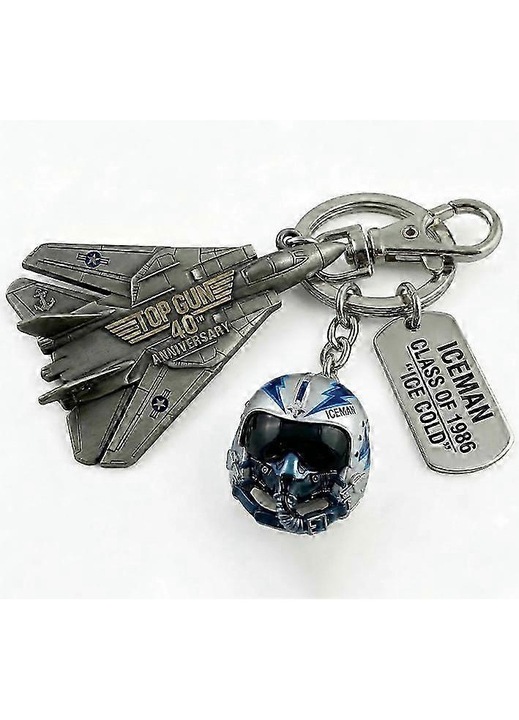 Breloc metalic Top Gun 40th Anniversary FG123K0225-260803-18605, avion de lupta, casca de pilot si placuta dog tag, argintiu/albastru