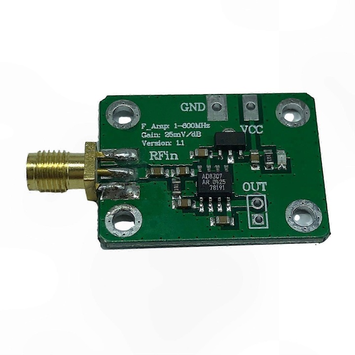 Masurator de putere RF AD8307 (FR1-K0446-260710-6671), detector logaritmic, 1–600 MHz, gama -74 dBm pana la +18 dBm, iesire 0–2.5 V, panta 25 mV/dB, impedanta 50 Ω, alimentare 6–15 V, verde