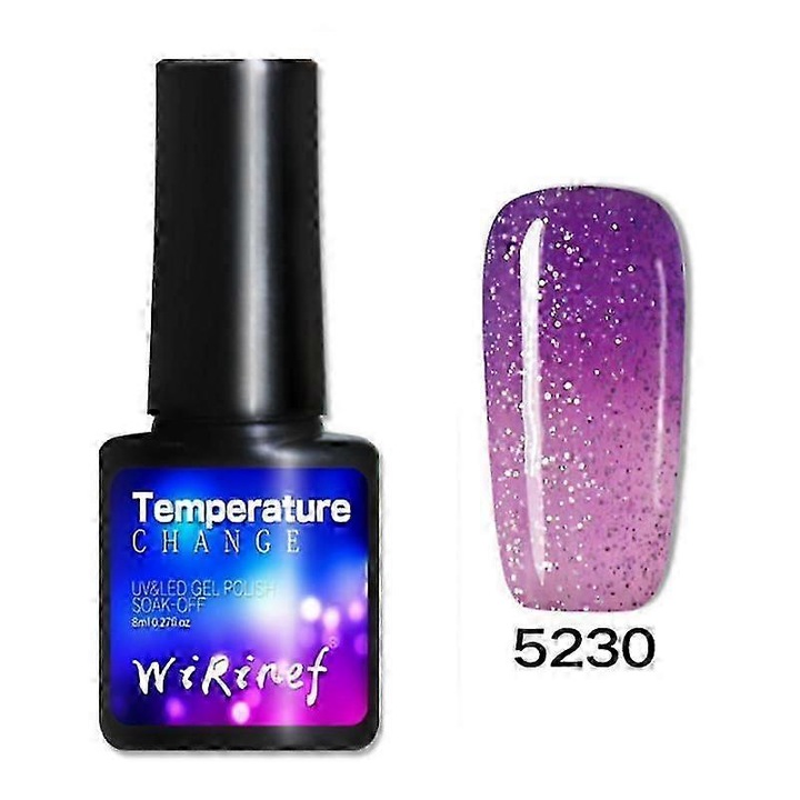 Oja gel termica FR1-K0446-260710-2406, semi-permanenta, se cureaza UV/LED, schimbare de temperatura, mov/roz cu sclipici, 8 ml