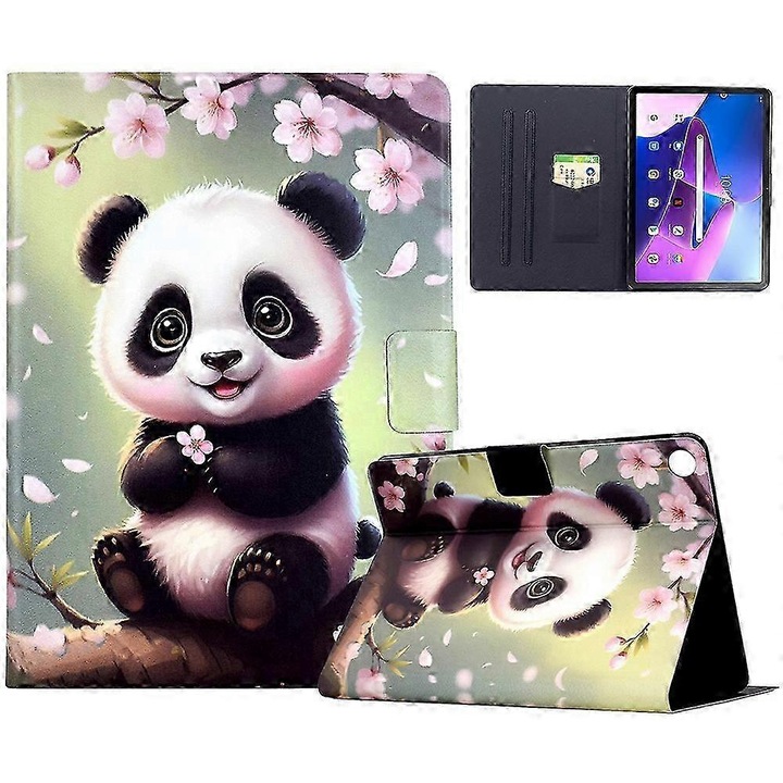 Husa folio pentru Lenovo Tab M10 (Gen 3), suport reglabil in 2 unghiuri, inchidere magnetica auto wake/sleep, 2 sloturi pentru carduri, piele + TPU, multicolor (panda sakura)