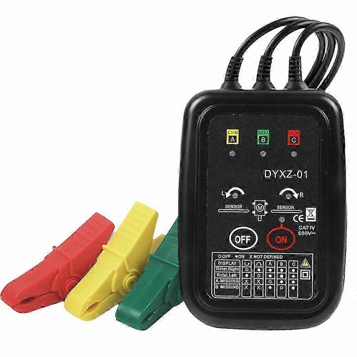 Detector de secventa faza fara contact DYXZ-01, FG123K0225-260803-18919, detectare secventa 3-fazica, detectie tensiune live si pierdere faza, detectare rotatie motor, negru