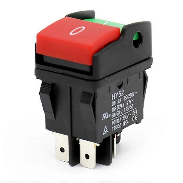 Intrerupator cu buton HY52, ON/OFF, 5 pini, 20 A/12 A 125/250 V, IP54, plastic, negru