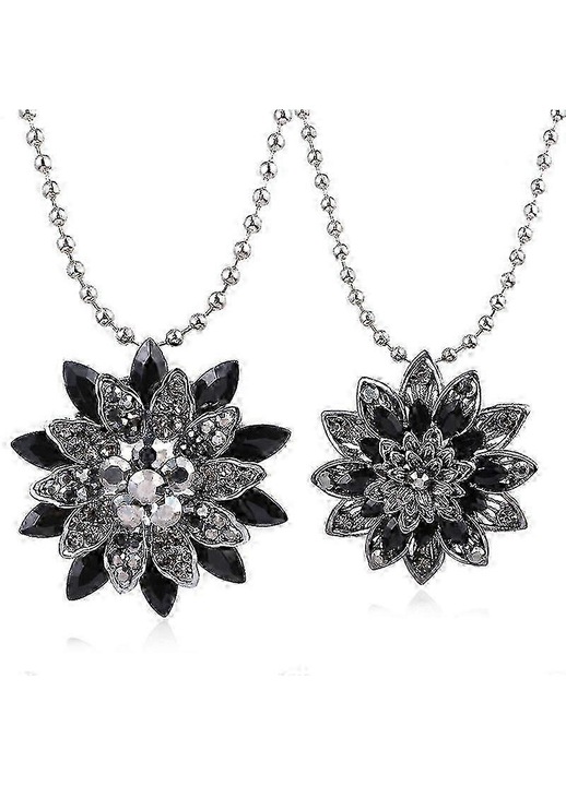 Set de 2 coliere pandantiv din aliaj de cupru electroplacat, model floral cu cristale si perla, negru, pandantiv 4.9 cm