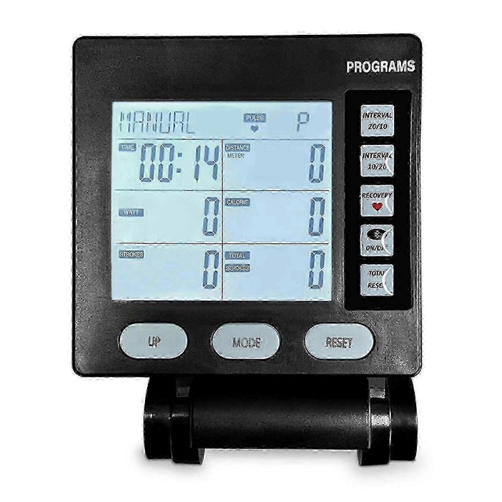 Monitor pentru aparat de vaslit, model FG123K0225-260803-19207, display LCD iluminat, afisaj timp/SPM/power/curse/distanta/calorii, moduri: liber/tinta/intermitent, alimentare baterii, negru