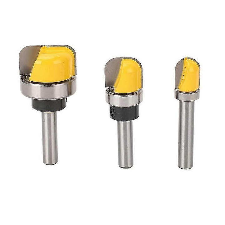 Set de 3 freze pentru router FG123K0225-260803-15514, din otel tungsten cu acoperire PTFE, coada rotunda 8 mm, galben/metallic