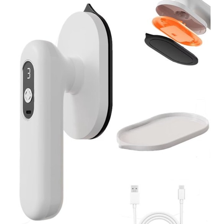 Fier de calcat portabil K0443-emagCJ-45174, fara fir, 3 trepte temperatura pana la 200°C, incalzire 30s, baterie 1200 mAh, USB‑C, mod uscat/abur, maner rotativ 90°, alb