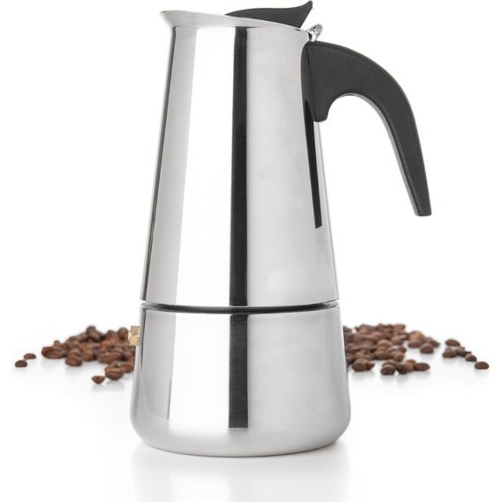 Кафеварка Moka за котлон K0443-emagCJ-48335, от неръждаема стомана, черна дръжка, 100 мл