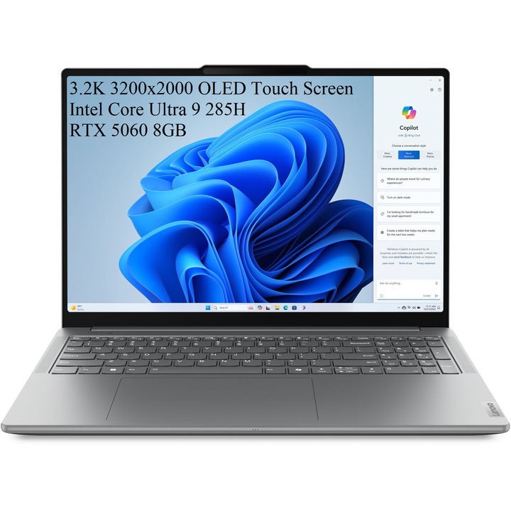 Laptop Lenovo Yoga Pro 9 16IAH10, 16" 3.2K 3200x2000 OLED Touch Screen 1000nits 120Hz, Intel Core Ultra 9 285H 16-core, 32GB LPDDR5x, 512GB SSD m2 PCIe, 1TB SSD m2 PCIe, NVIDIA GeForce RTX 5060 8GB GDDR7, Windows 11 Home, Aluminium Case 2.07 kg Luna Grey