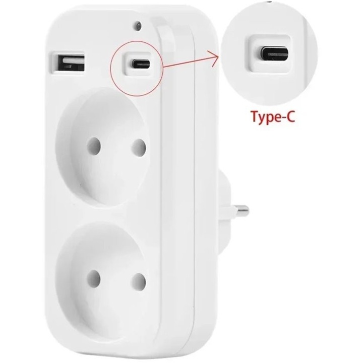 Adaptor priza K0443-emagCJ-45541, 1 priza + 2 porturi USB (1x USB-A, 1x USB-C 5V/2A), 1200W (250V, 10A), alb