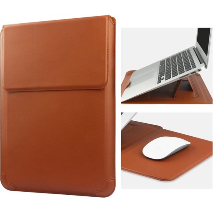 Husa pentru laptop 14 inch K0443-emagCJ-45673, 3-in-1 (husa, suport reglabil si mousepad integrat), piele PU rezistenta la apa, captuseala moale, inchidere magnetica, maro