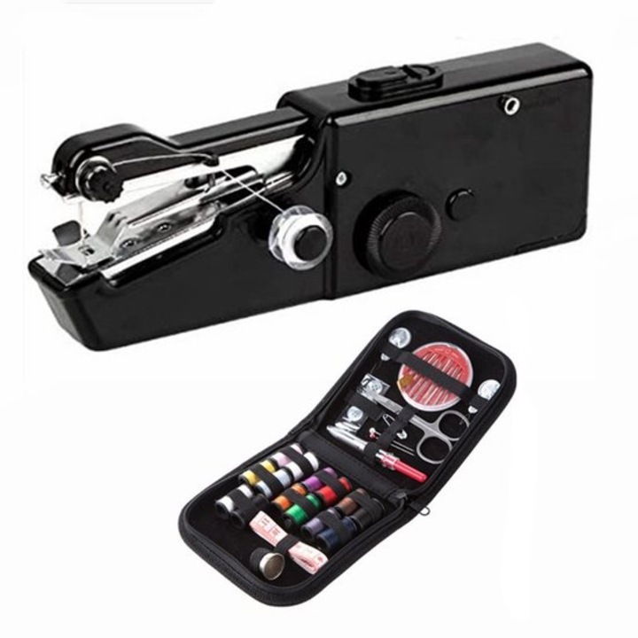 Masina de cusut portabila K0443-emagCJ-46132, alimentare 4xAA sau 6V DC, 350 cusaturi/min, pentru materiale pana la 1,8 mm, include trusa de accesorii, negru, 21 x 7 x 5 cm