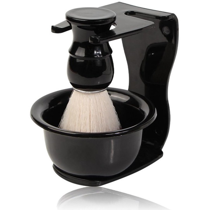 Set pentru barbierit K0443-emagCJ-47732, 3-in-1 cu pensula moale, bol pentru sapun si suport, negru