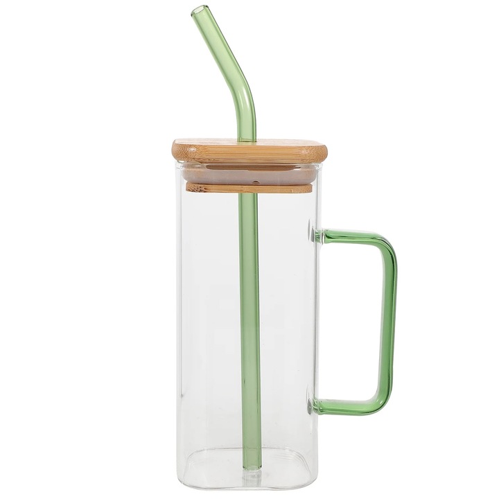 Cana cu pai din sticla YANYXR BCS3110710, capac bambus, maner si pai verde, transparent, 14 x 6 cm