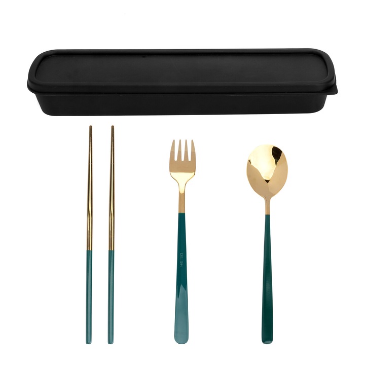 Set tacamuri portabile YANYXR BCS3111946, din otel inoxidabil, lingura, furculita si betisoare cu cutie de transport, verde/auriu, 1 set