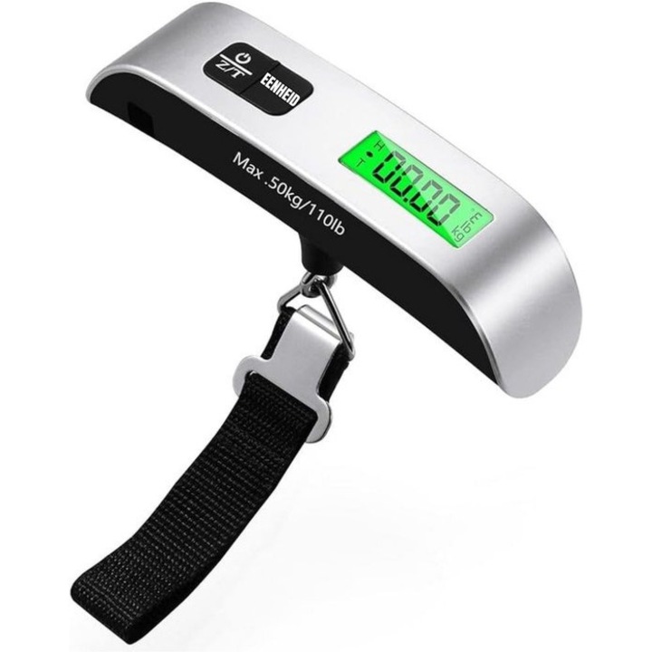 Digitális poggyászmérleg K0443-emagCJ-48898, kapacitás 50 kg/110 lb, pontosság 50 g, tára/nulla funkció, háttérvilágítású LCD kijelző, 2 elemmel, ezüst