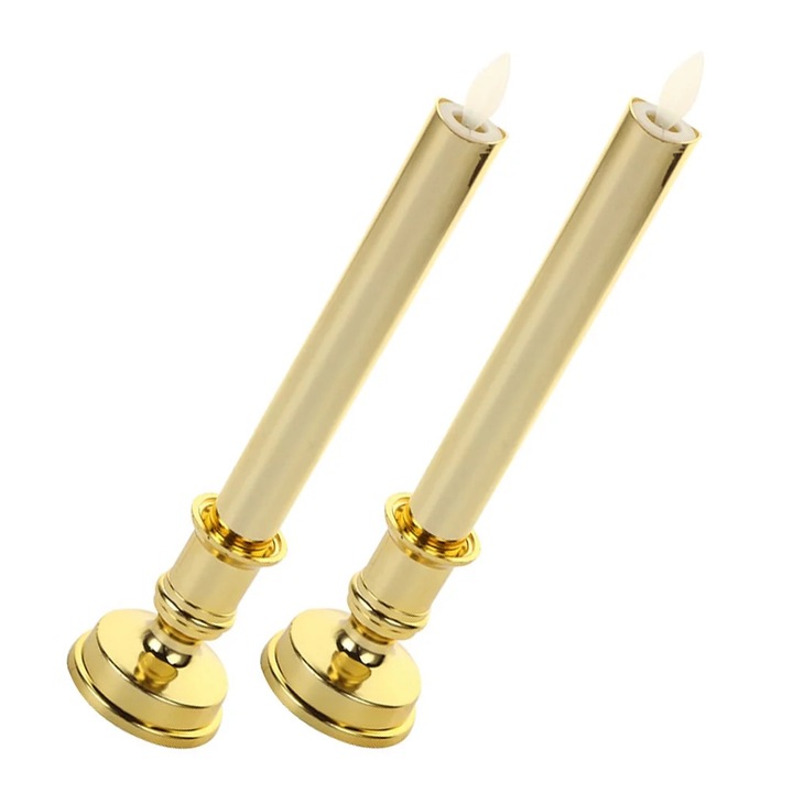 Lumanari LED fara flacara YANYXR BCS3112618, tip candela cu efect palpaitor, din plastic, baterii incluse, auriu, set 2, 27 x 6 x 6 cm